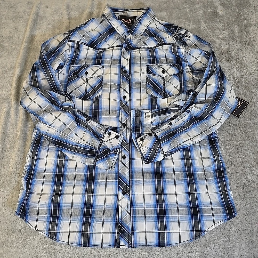 Chalc Shirt Mens XXL Blue Plaid Button Up Long Sleeve Western Roll Tab Outdoors
